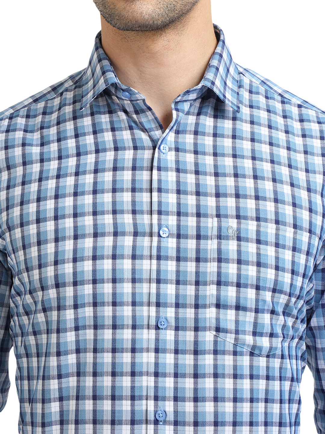 Model wearing Clarke Gable's Sky Blue With White Checked Formal Shirt in a casual setting