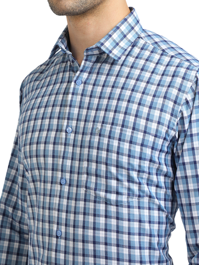 Model wearing Clarke Gable's Sky Blue With White Checked Formal Shirt in a casual setting