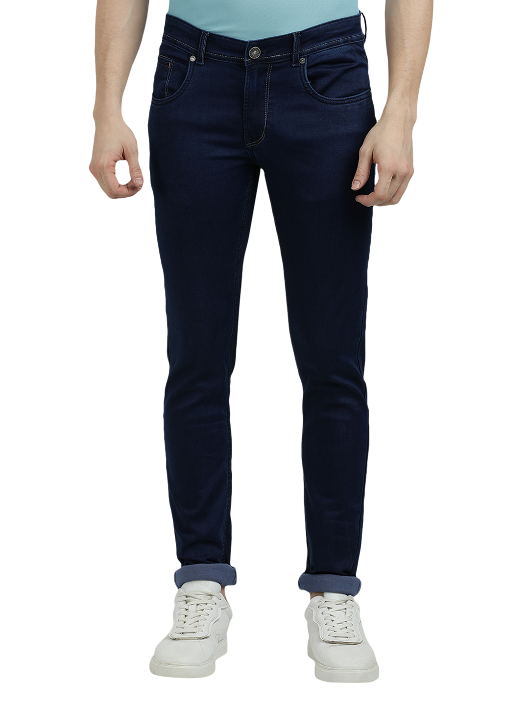 Model wearing Clarke Gable's Solid Dark Blue Skinny Fit Jeans in a casual setting