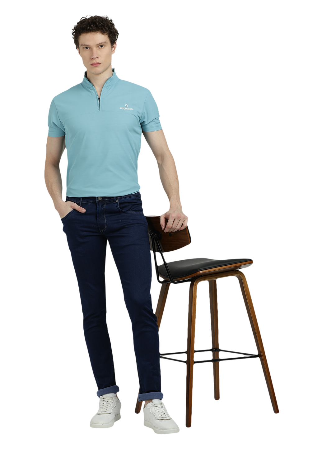 Model wearing Clarke Gable's Solid Dark Blue Skinny Fit Jeans in a casual setting