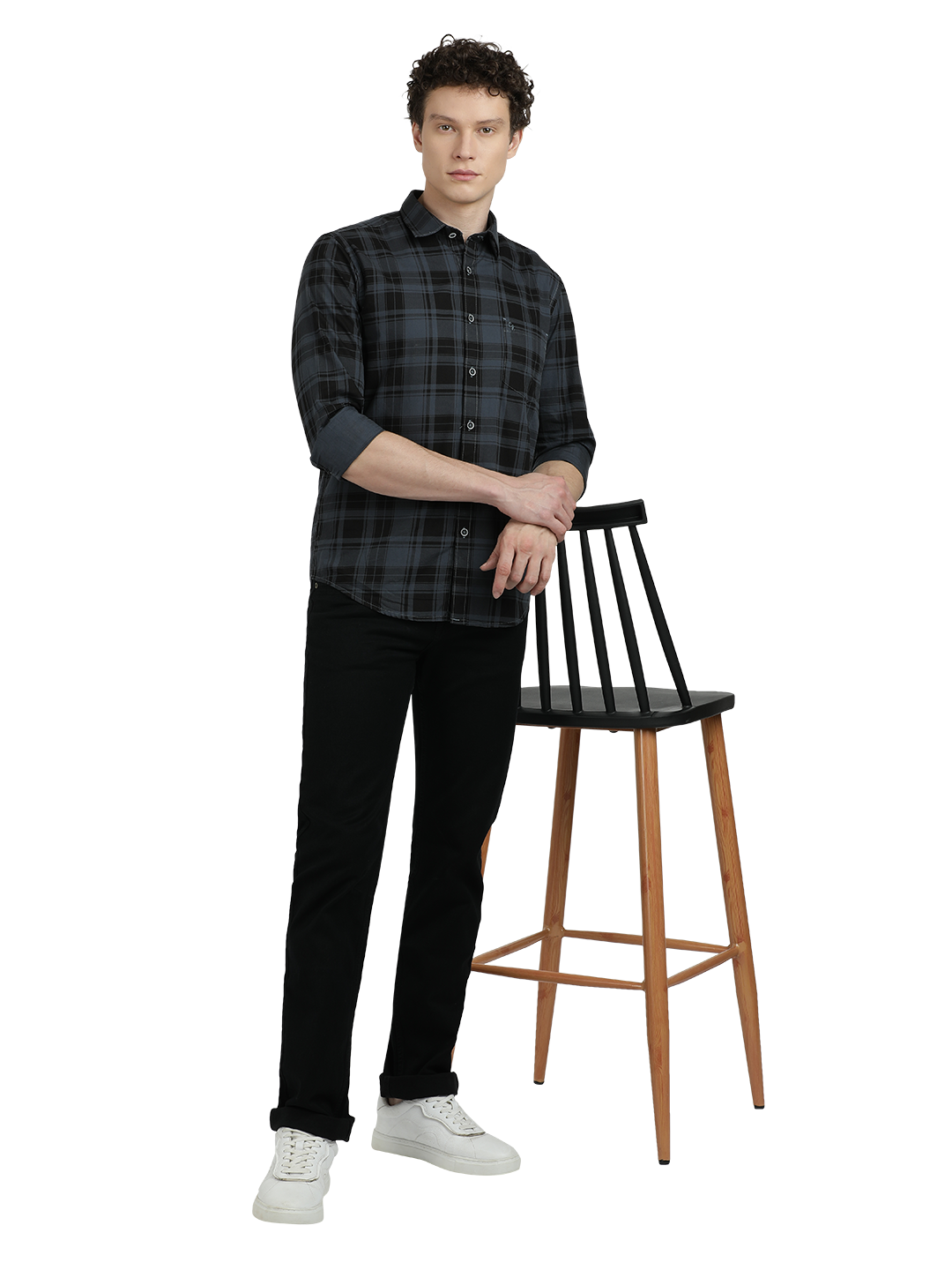 Model wearing Clarke Gable's Steel Grey Checked Semi Casual Shirt in a casual setting