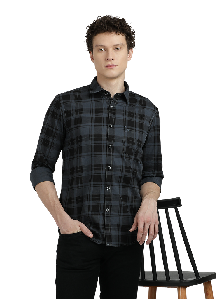 Model wearing Clarke Gable's Steel Grey Checked Semi Casual Shirt in a casual setting