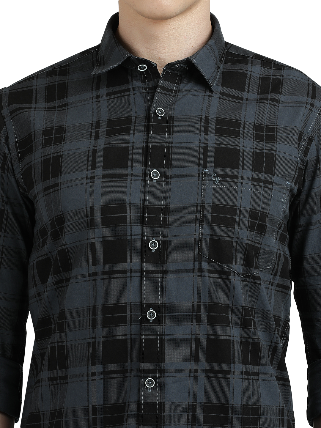Model wearing Clarke Gable's Steel Grey Checked Semi Casual Shirt in a casual setting
