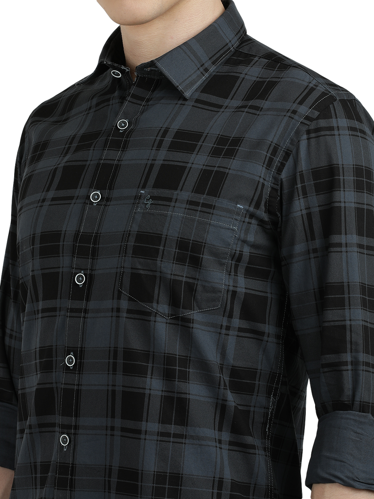 Model wearing Clarke Gable's Steel Grey Checked Semi Casual Shirt in a casual setting