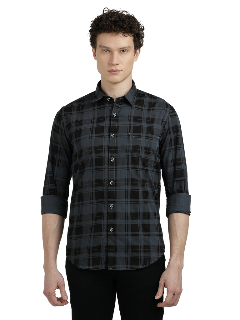 Model wearing Clarke Gable's Steel Grey Checked Semi Casual Shirt in a casual setting