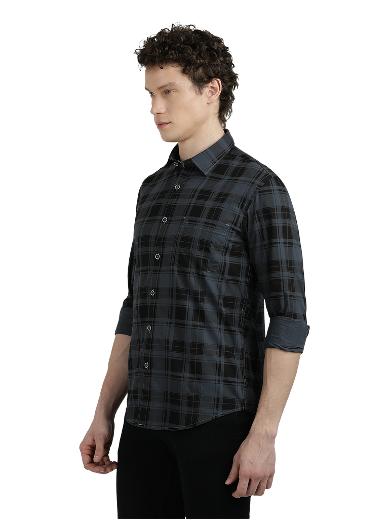 Model wearing Clarke Gable's Steel Grey Checked Semi Casual Shirt in a casual setting