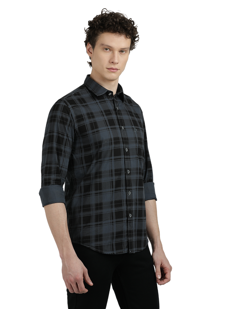 Model wearing Clarke Gable's Steel Grey Checked Semi Casual Shirt in a casual setting