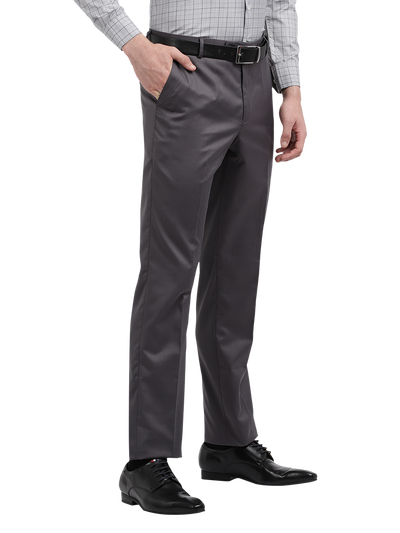 Model wearing Clarke Gable's Steel Grey Smart Fit Trousers in a casual setting