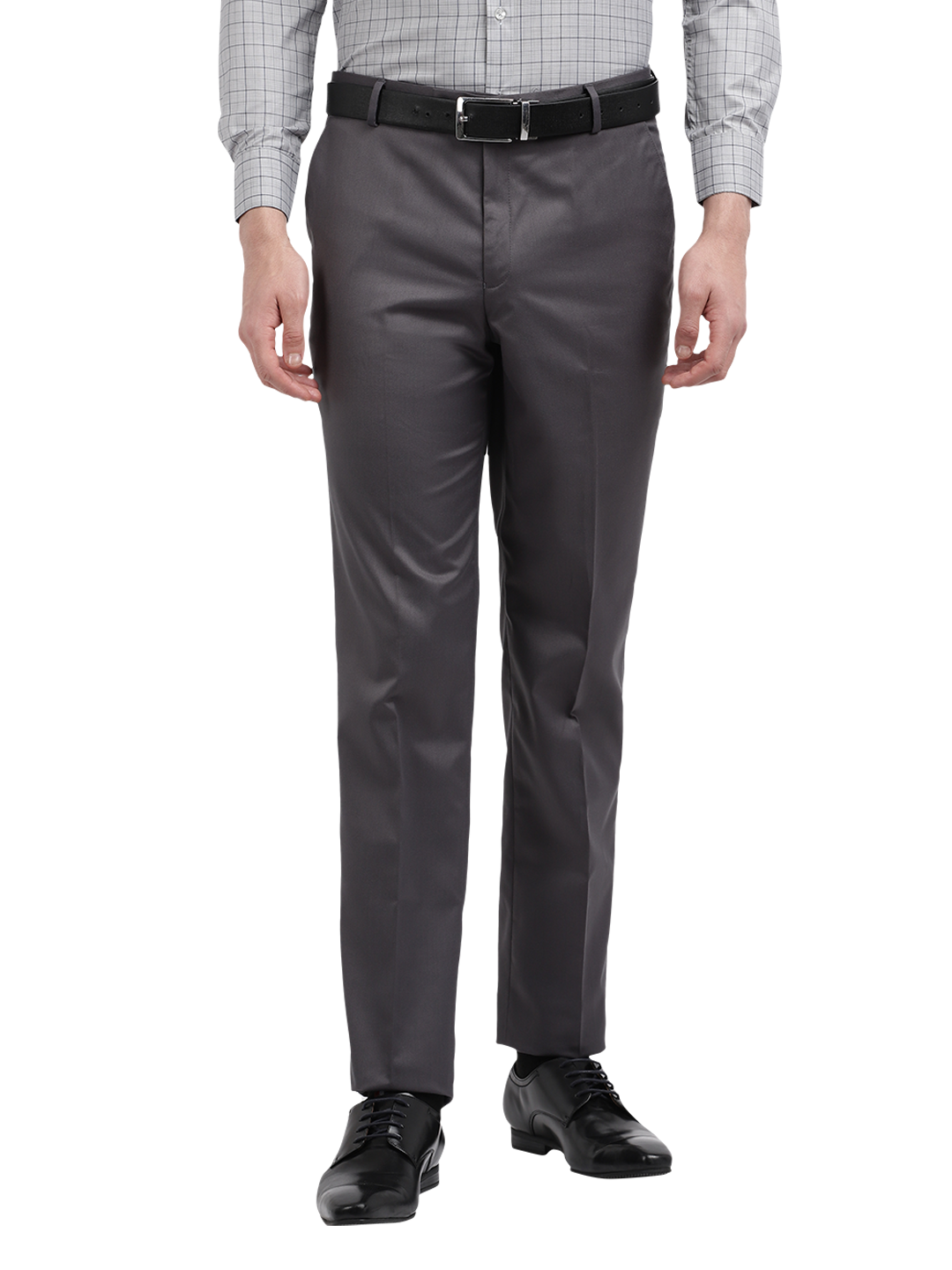 Model wearing Clarke Gable's Steel Grey Smart Fit Trousers in a casual setting