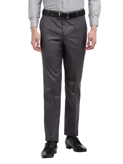 Model wearing Clarke Gable's Steel Grey Smart Fit Trousers in a casual setting