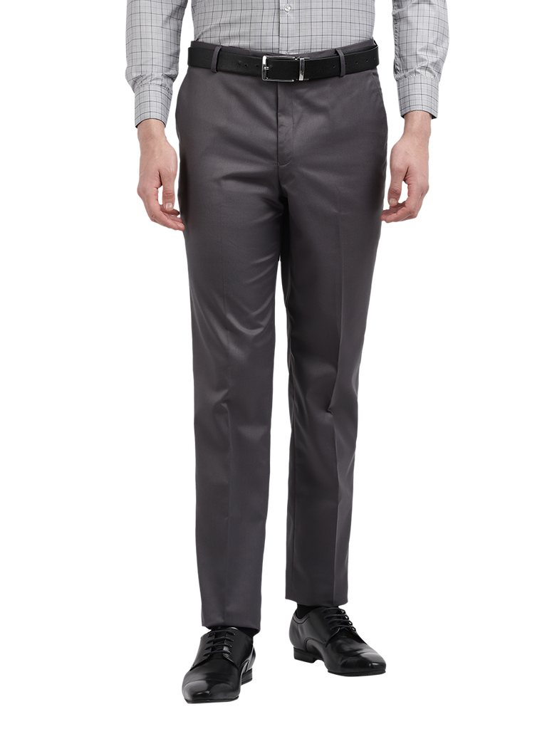 Model wearing Clarke Gable's Steel Grey Smart Fit Trousers in a casual setting