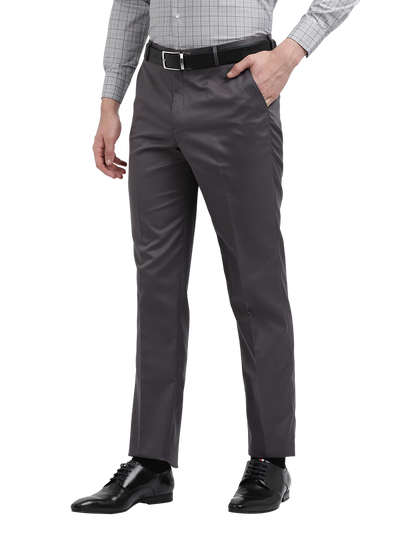 Model wearing Clarke Gable's Steel Grey Smart Fit Trousers in a casual setting