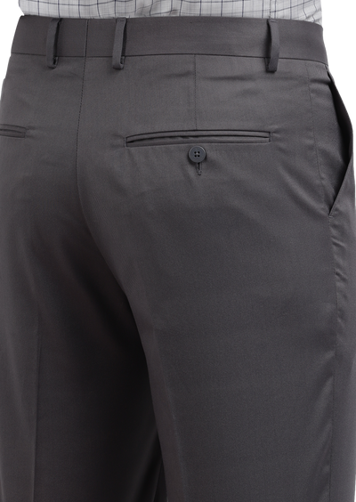 Model wearing Clarke Gable's Steel Grey Smart Fit Trousers in a casual setting