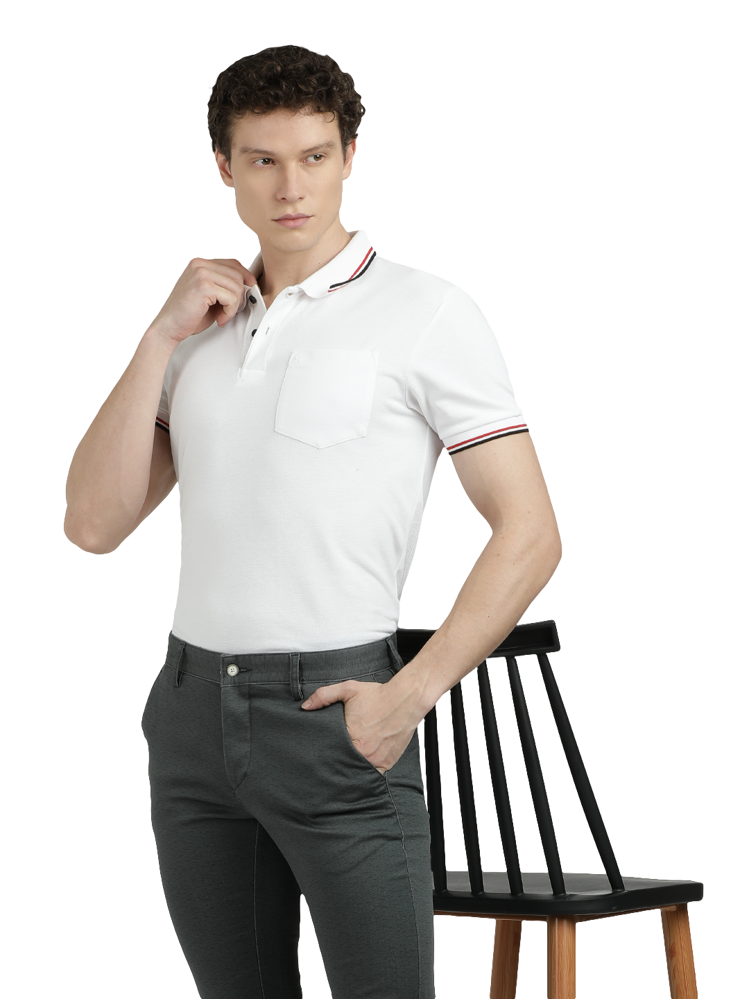 Model wearing Clarke Gable's Steel Grey Trim Fit Trousers in a casual setting