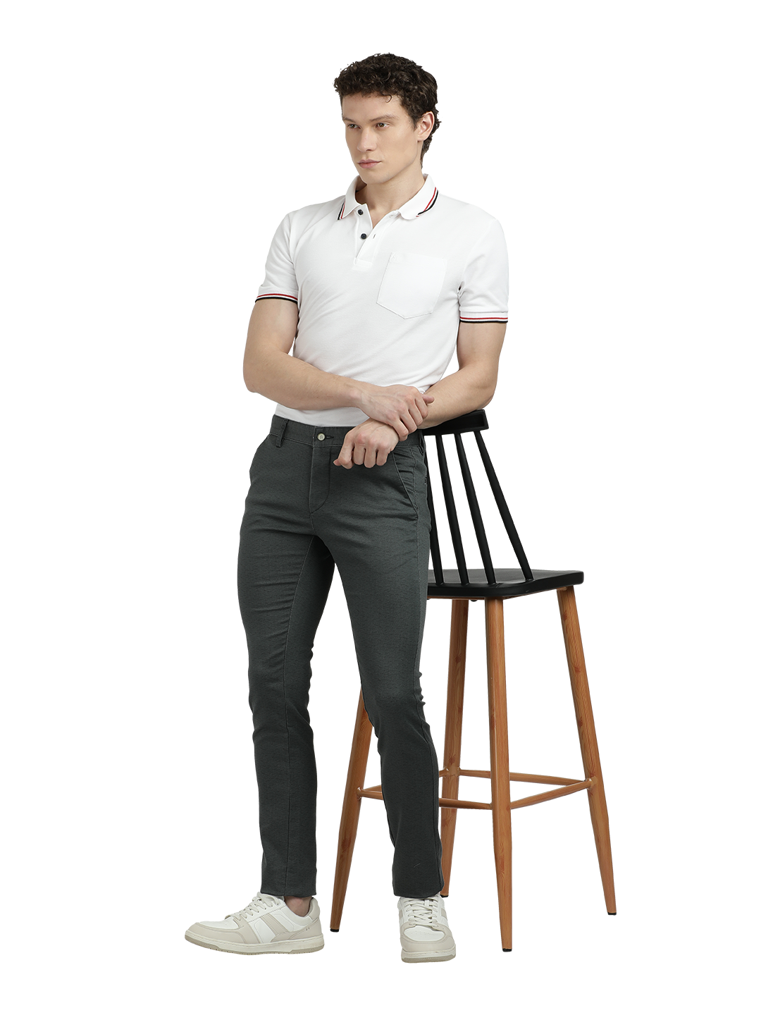 Model wearing Clarke Gable's Steel Grey Trim Fit Trousers in a casual setting