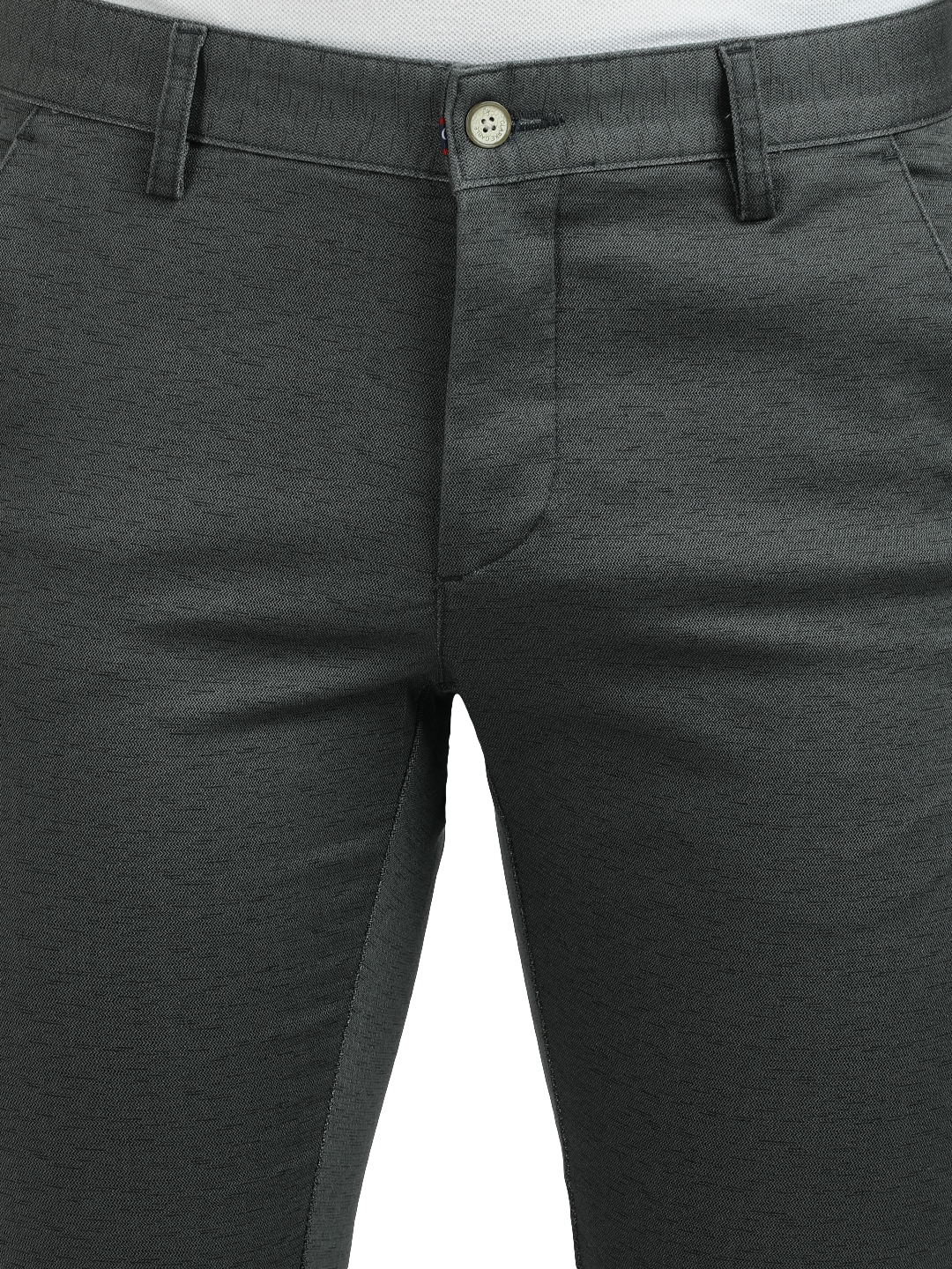 Model wearing Clarke Gable's Steel Grey Trim Fit Trousers in a casual setting