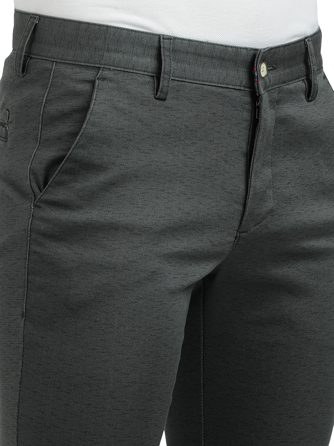 Model wearing Clarke Gable's Steel Grey Trim Fit Trousers in a casual setting