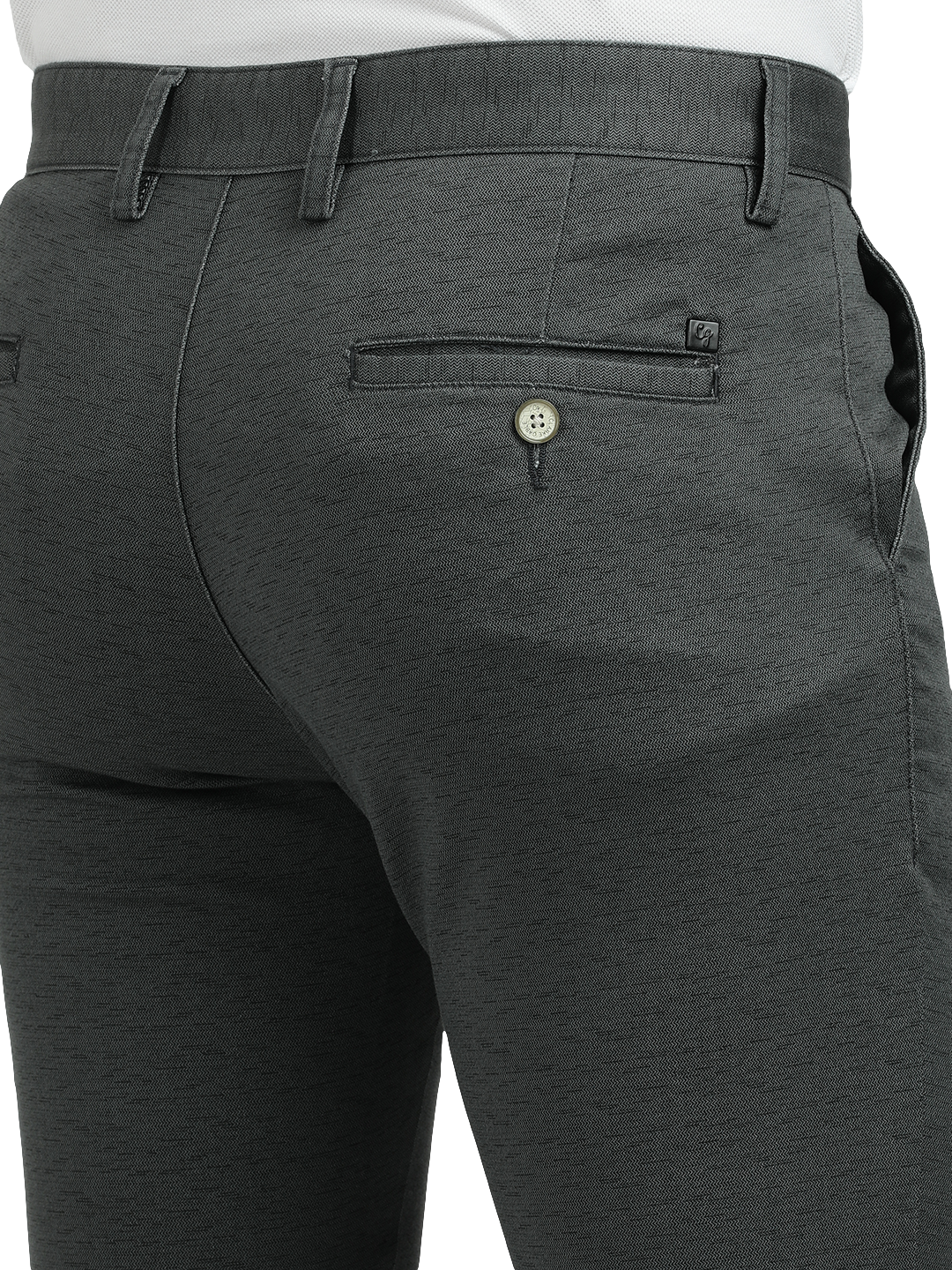 Model wearing Clarke Gable's Steel Grey Trim Fit Trousers in a casual setting