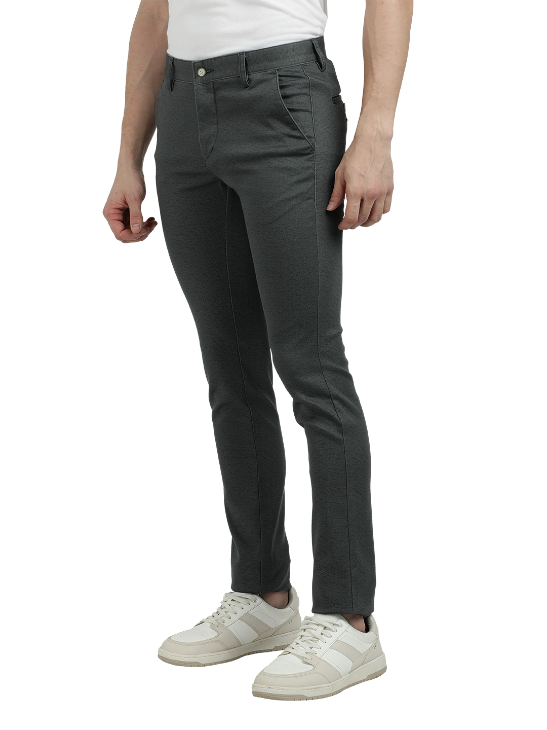 Model wearing Clarke Gable's Steel Grey Trim Fit Trousers in a casual setting
