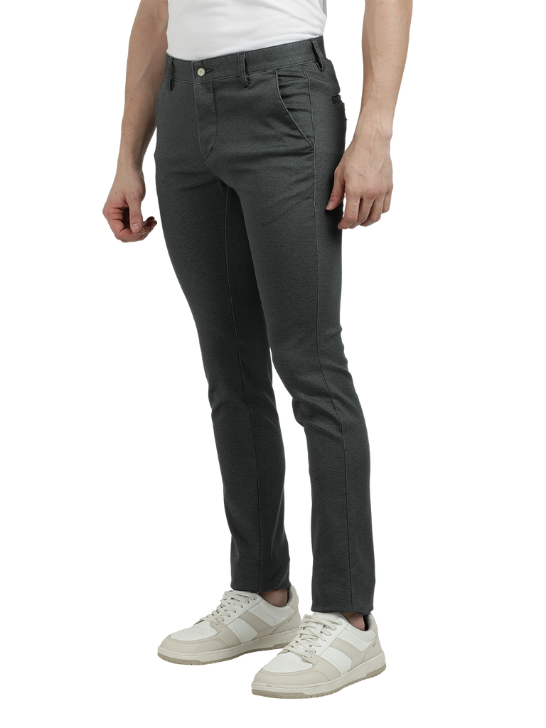 Model wearing Clarke Gable's Steel Grey Trim Fit Trousers in a casual setting