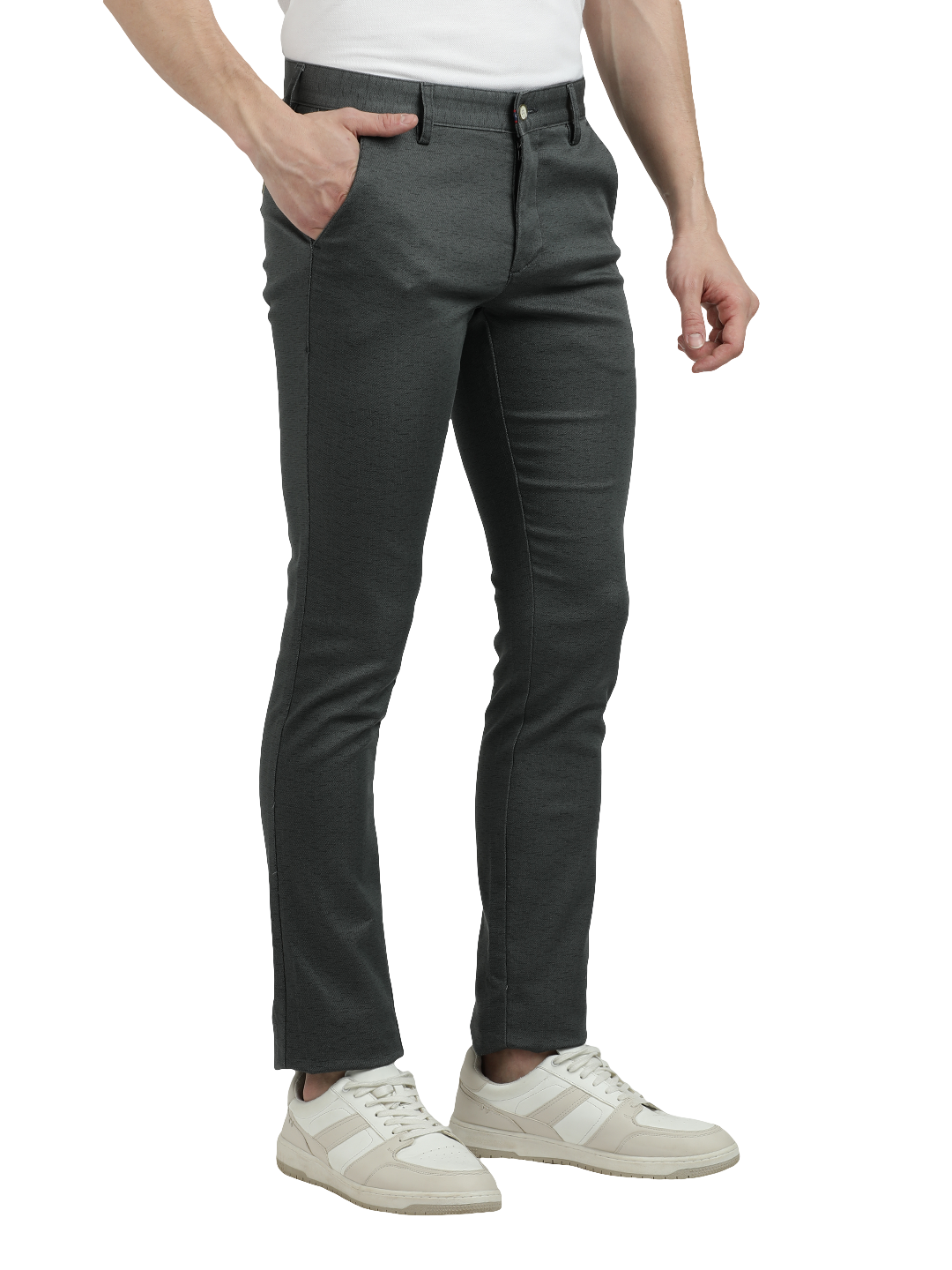 Model wearing Clarke Gable's Steel Grey Trim Fit Trousers in a casual setting