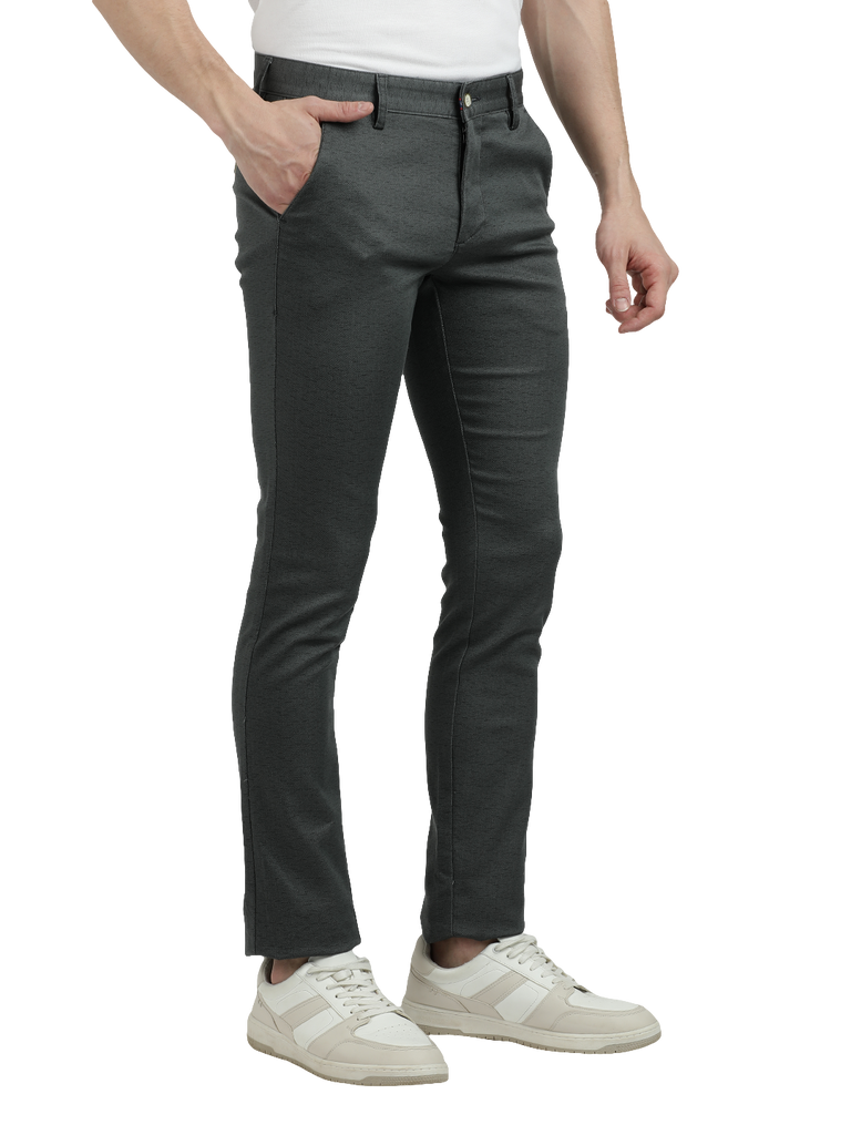 Model wearing Clarke Gable's Steel Grey Trim Fit Trousers in a casual setting