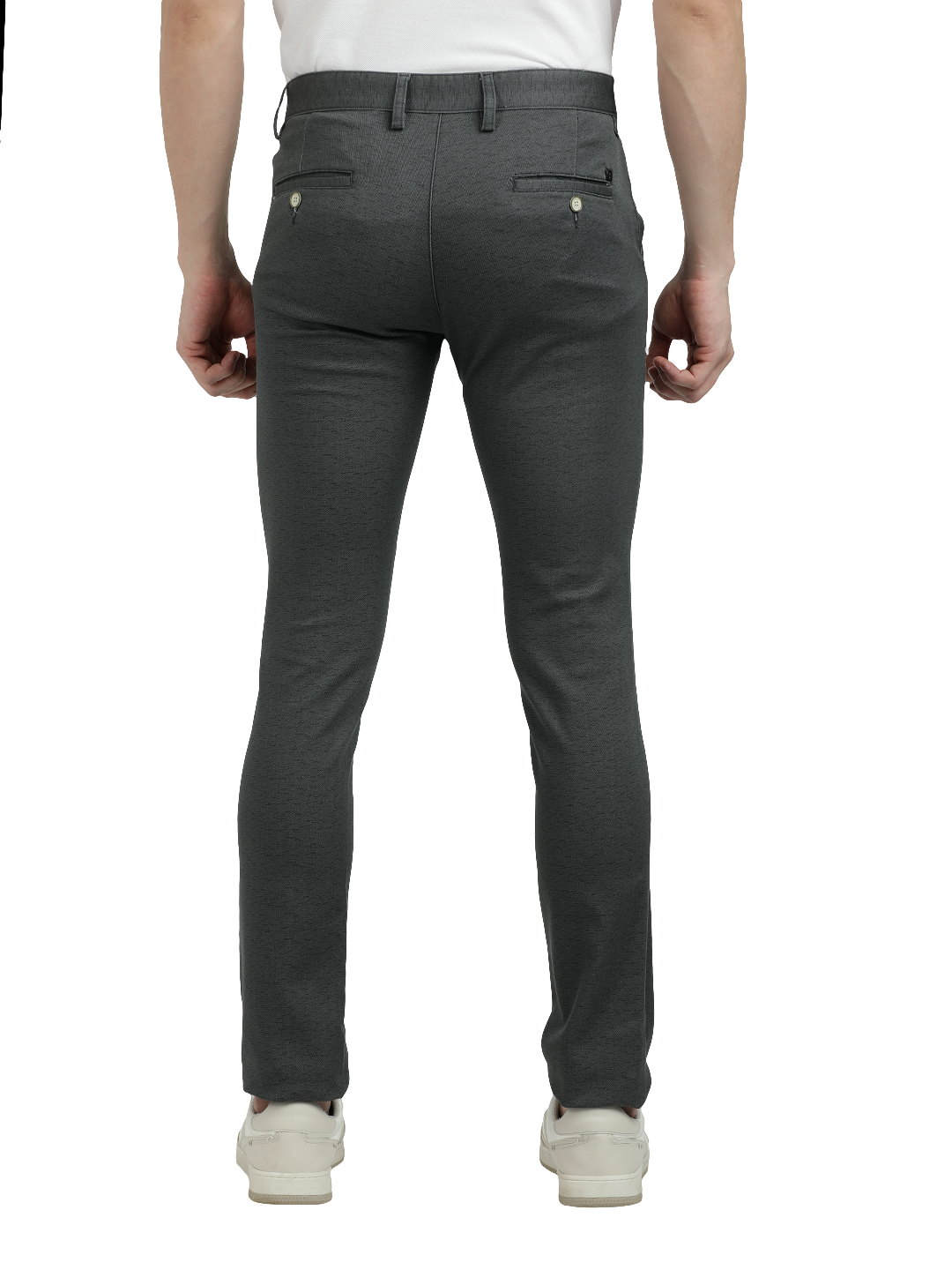 Model wearing Clarke Gable's Steel Grey Trim Fit Trousers in a casual setting