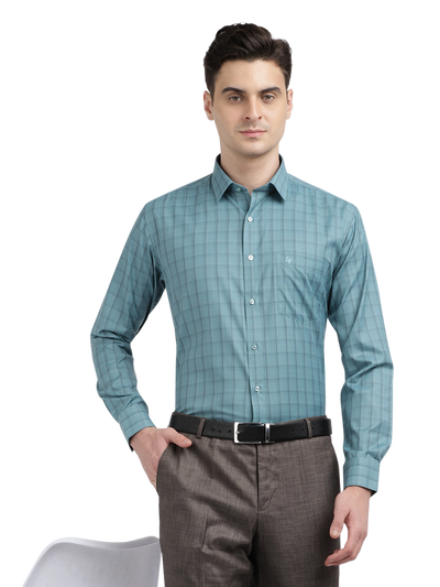 Model wearing Clarke Gable's Teal Blue Checked Formal Shirt in a casual setting