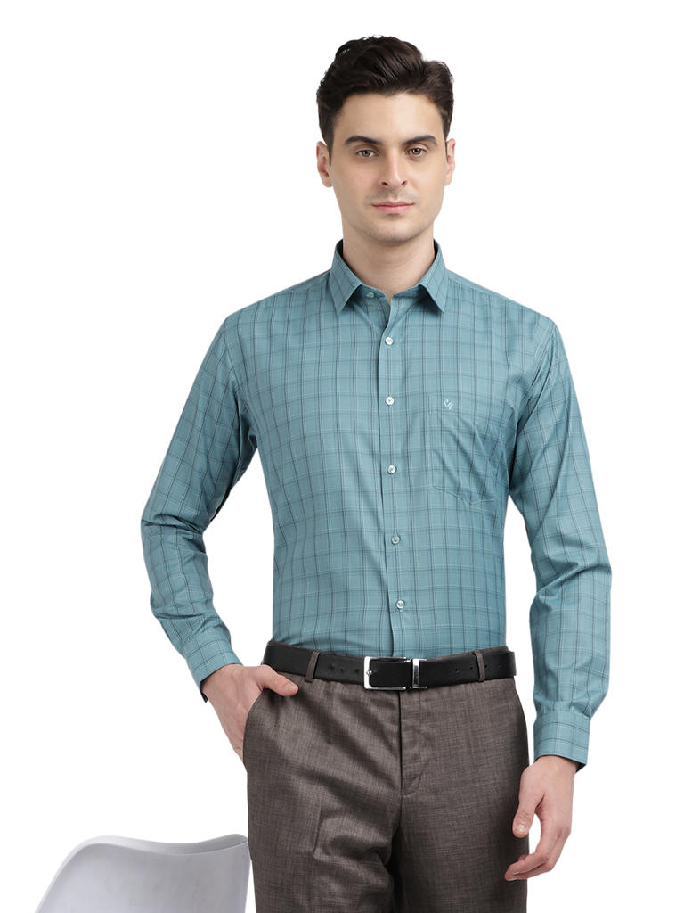 Model wearing Clarke Gable's Teal Blue Checked Formal Shirt in a casual setting