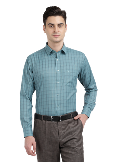 Model wearing Clarke Gable's Teal Blue Checked Formal Shirt in a casual setting