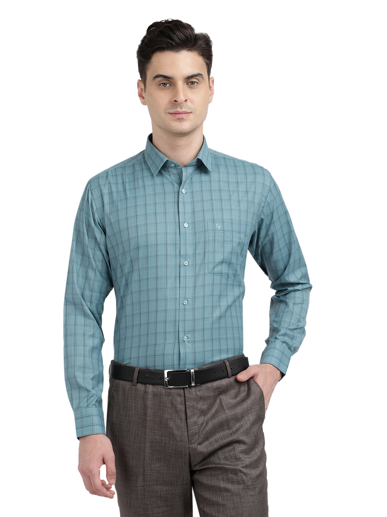 Model wearing Clarke Gable's Teal Blue Checked Formal Shirt in a casual setting