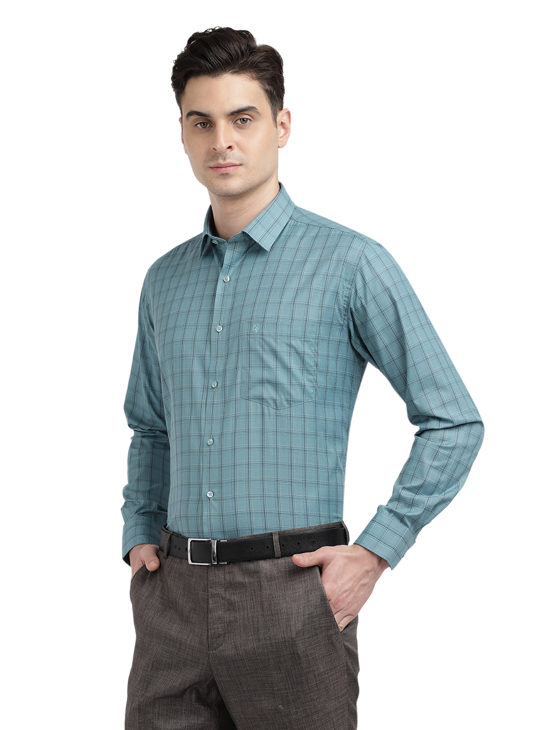 Model wearing Clarke Gable's Teal Blue Checked Formal Shirt in a casual setting
