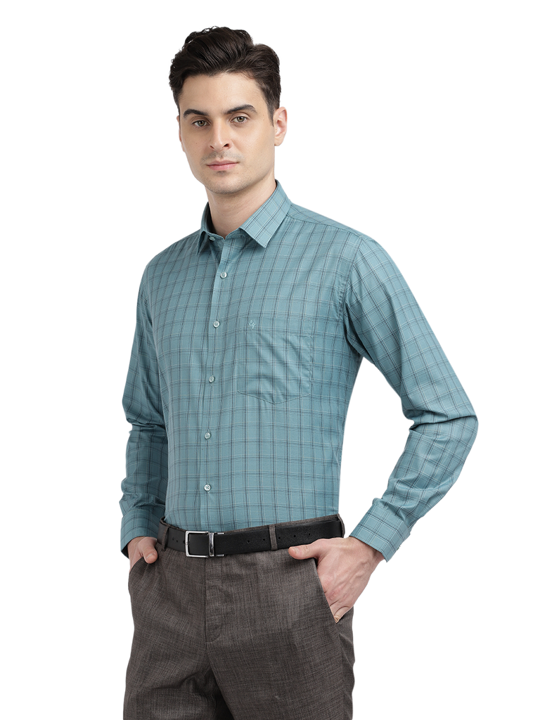 Model wearing Clarke Gable's Teal Blue Checked Formal Shirt in a casual setting