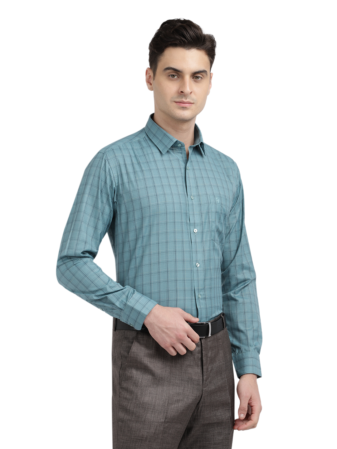 Model wearing Clarke Gable's Teal Blue Checked Formal Shirt in a casual setting
