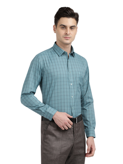 Model wearing Clarke Gable's Teal Blue Checked Formal Shirt in a casual setting