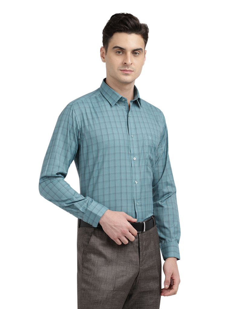 Model wearing Clarke Gable's Teal Blue Checked Formal Shirt in a casual setting