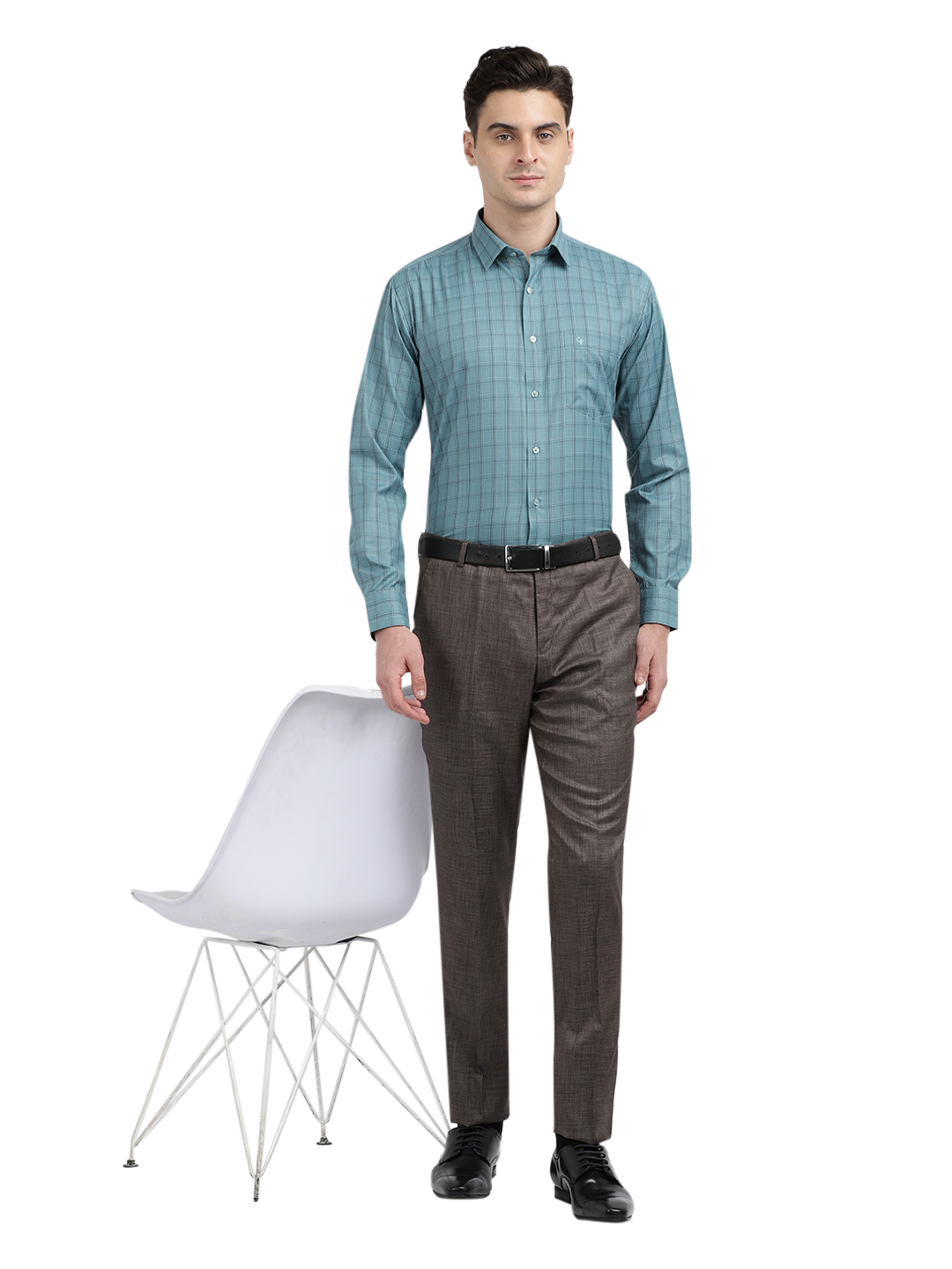 Model wearing Clarke Gable's Teal Blue Checked Formal Shirt in a casual setting