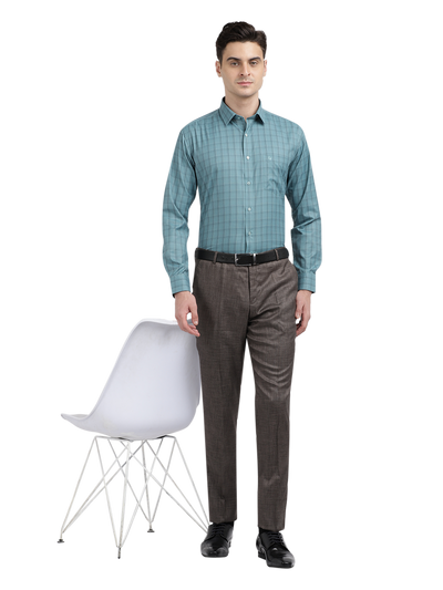 Model wearing Clarke Gable's Teal Blue Checked Formal Shirt in a casual setting