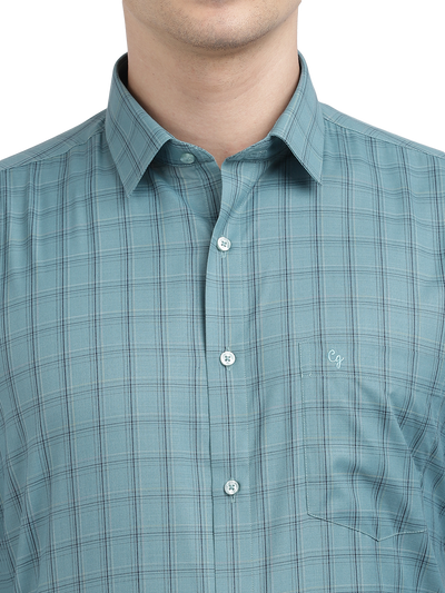 Model wearing Clarke Gable's Teal Blue Checked Formal Shirt in a casual setting