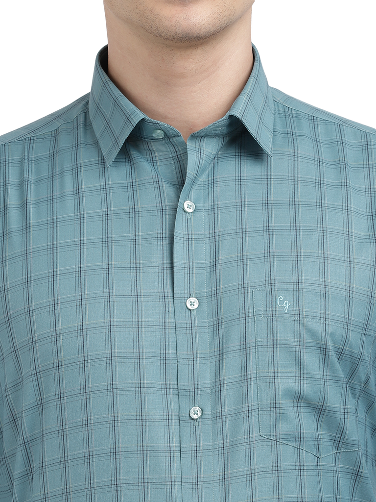 Model wearing Clarke Gable's Teal Blue Checked Formal Shirt in a casual setting