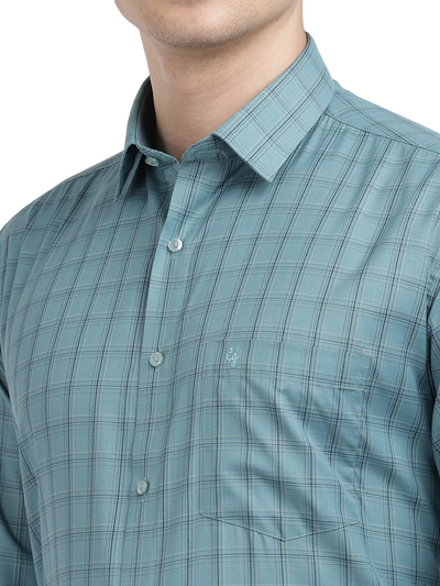 Model wearing Clarke Gable's Teal Blue Checked Formal Shirt in a casual setting