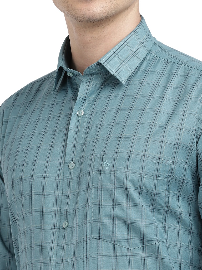 Model wearing Clarke Gable's Teal Blue Checked Formal Shirt in a casual setting