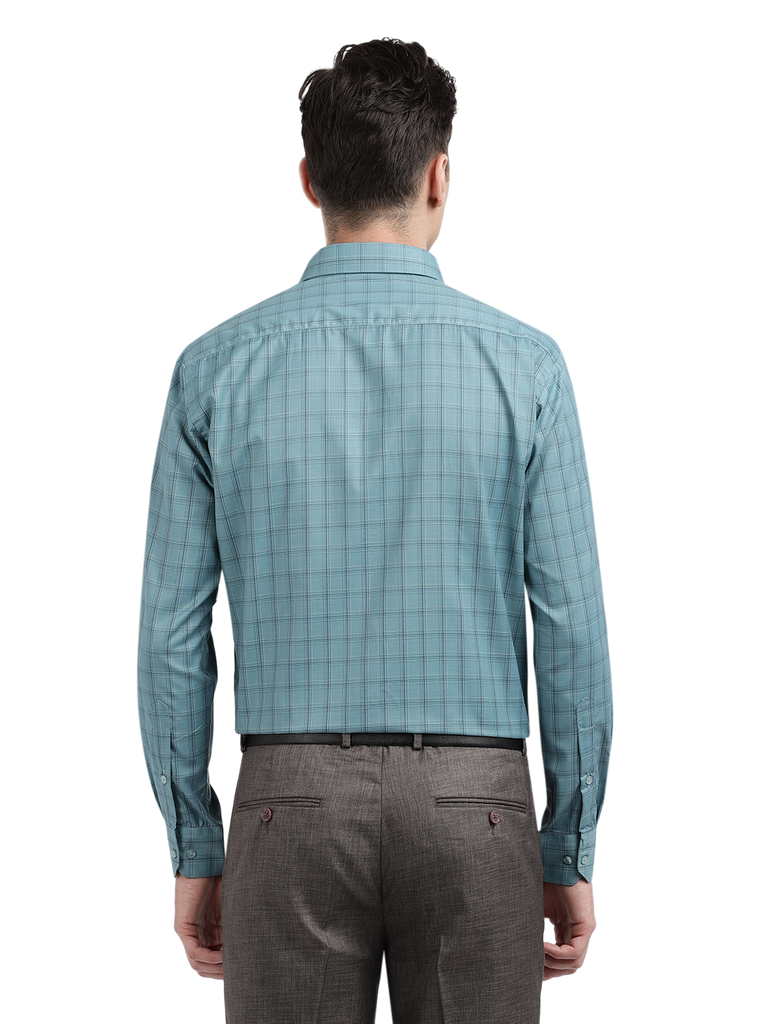 Model wearing Clarke Gable's Teal Blue Checked Formal Shirt in a casual setting