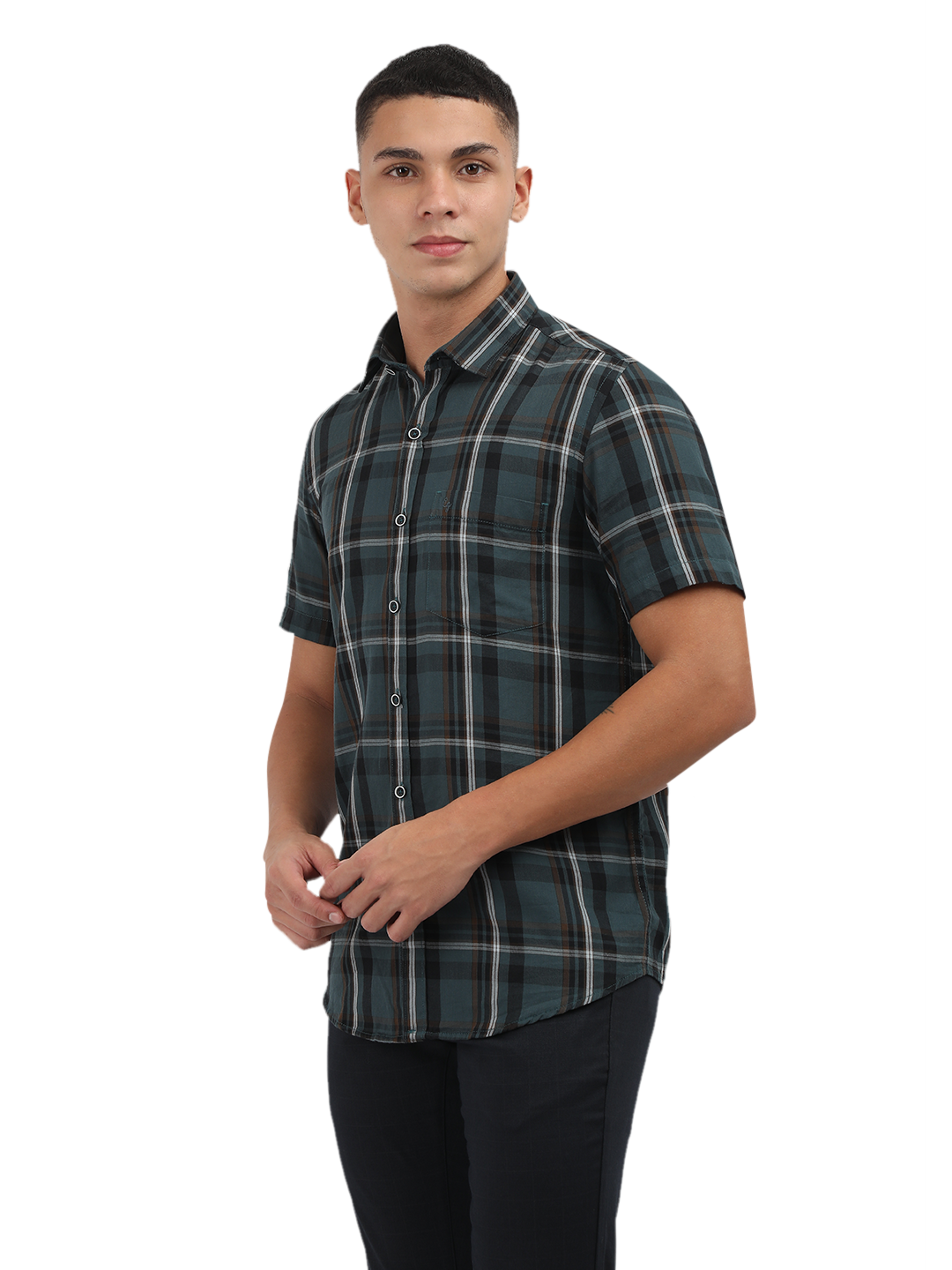 Model wearing Clarke Gable's Teal Blue Checked Semi Casual Shirt in a casual setting