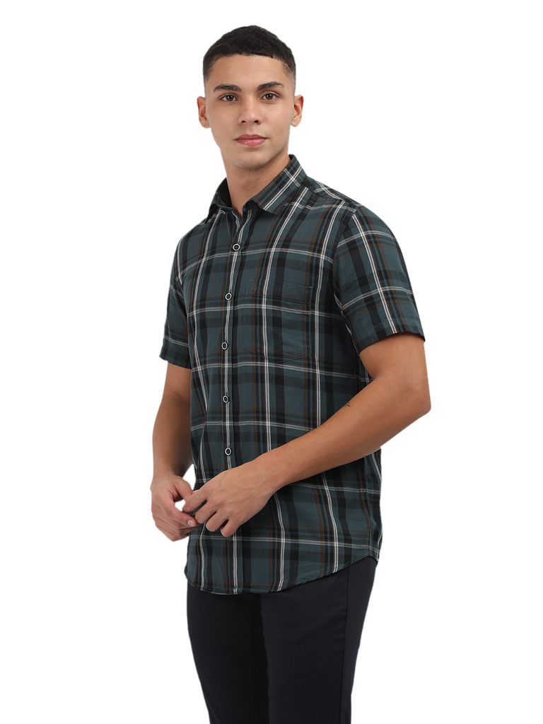 Model wearing Clarke Gable's Teal Blue Checked Semi Casual Shirt in a casual setting