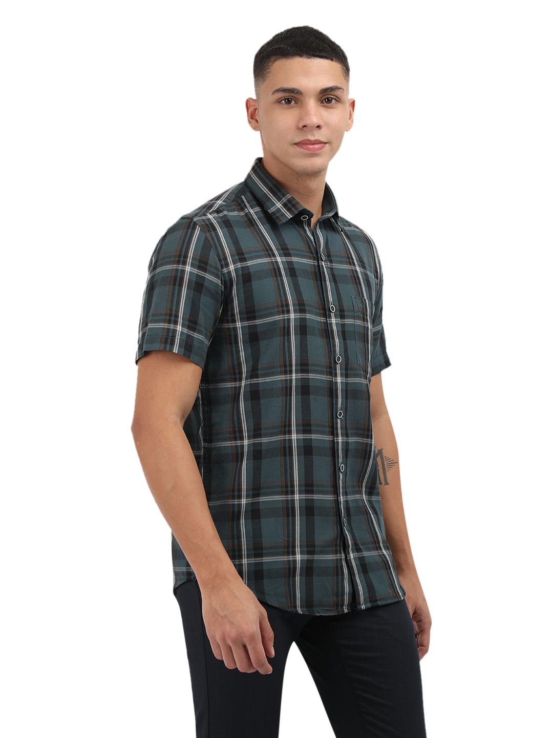 Model wearing Clarke Gable's Teal Blue Checked Semi Casual Shirt in a casual setting