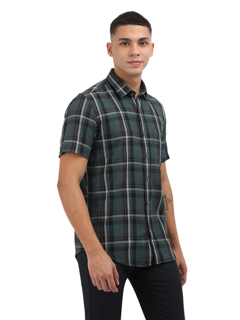 Model wearing Clarke Gable's Teal Blue Checked Semi Casual Shirt in a casual setting