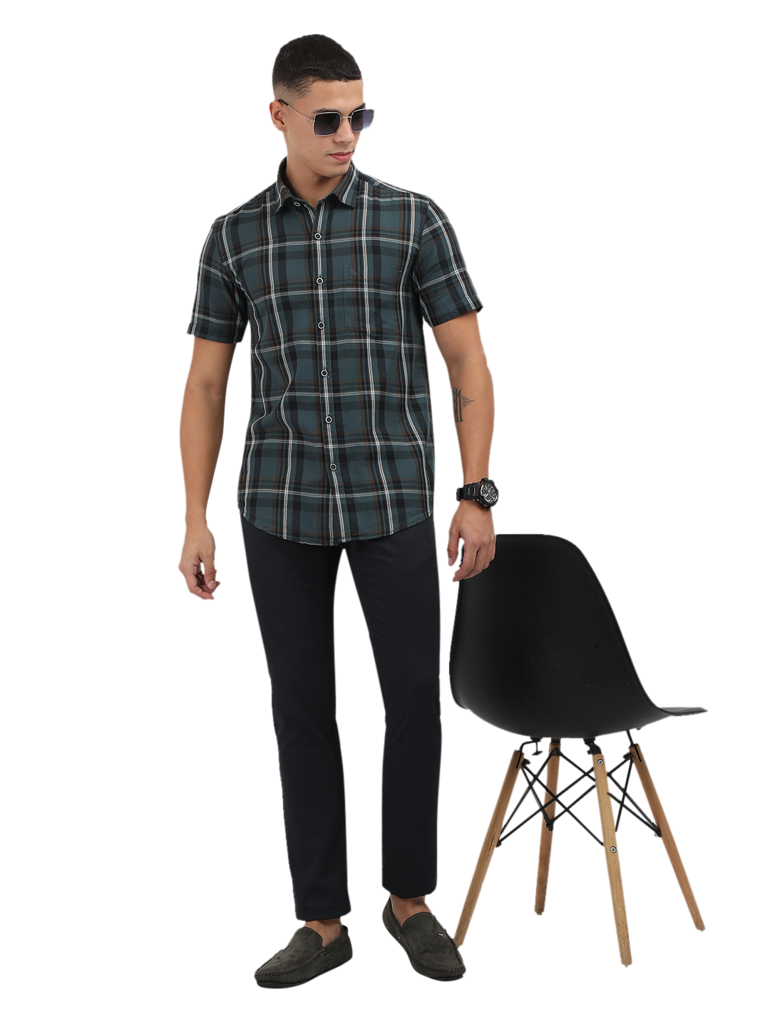 Model wearing Clarke Gable's Teal Blue Checked Semi Casual Shirt in a casual setting