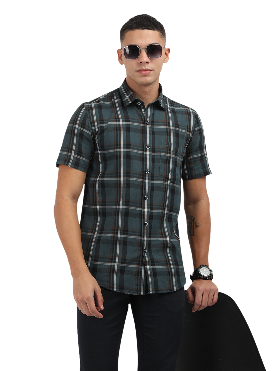 Model wearing Clarke Gable's Teal Blue Checked Semi Casual Shirt in a casual setting