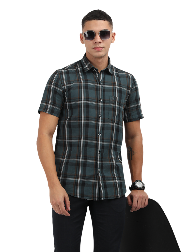 Model wearing Clarke Gable's Teal Blue Checked Semi Casual Shirt in a casual setting